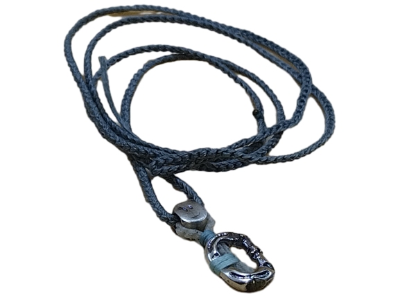 thin cord necklace (multi jewelry) on gray blue with 🙂 & carabiner.