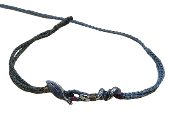 thin cord bracelet/anklet on khaki and gray blue with 🍃 & 🐍