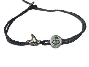 double thin & thick cord bracelet anklet on dark red and khaki with ⚓ & sailing ⛵