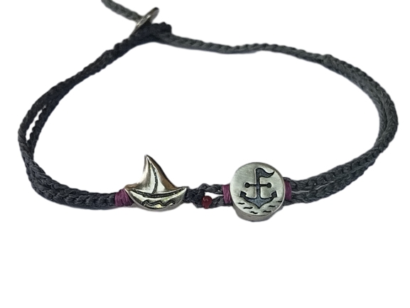 double thin & thick cord bracelet anklet on dark red and khaki with ⚓ & sailing ⛵
