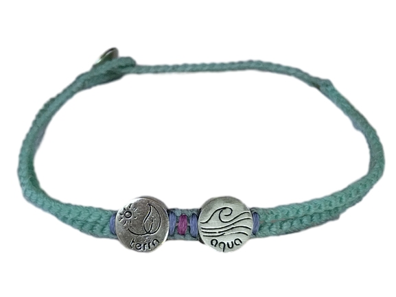double thick cord bracelet/anklet on aquamarine with "terra" and "aqua"