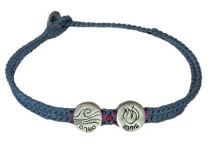 double thick cord bracelet/anklet on open denim with "aqua" and "ignis"