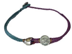 double (thin & thick) cord bracelet/anklet on cyan and purple with 🐚 & "aqua"