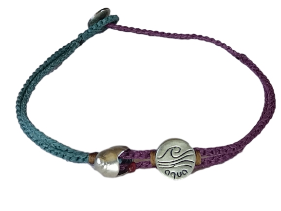 double (thin & thick) cord bracelet/anklet on cyan and purple with 🐚 & "aqua"