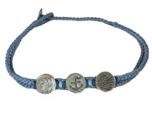 double thick cord bracelet/anklet on open denim with "ventus", ⚓/⛵, "aqua"