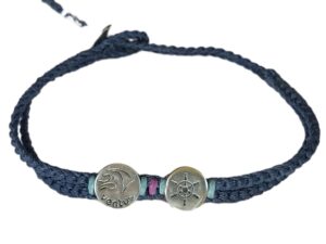 double thick cord bracelet/anklet on denim with "ventus" and  navy wheel.