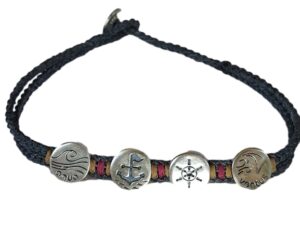 double thick cord bracelet/anklet on coal with "aqua", ⚓/⛵, navy wheel, "ventus"