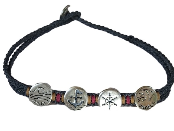 double thick cord bracelet/anklet on coal with "aqua", ⚓/⛵, navy wheel, "ventus"