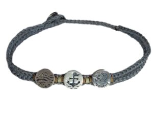 double thick cord bracelet/anklet on gray blue with "aqua", ⚓/⛵, "ventus"