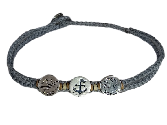 double thick cord bracelet/anklet on gray blue with "aqua", ⚓/⛵, "ventus"